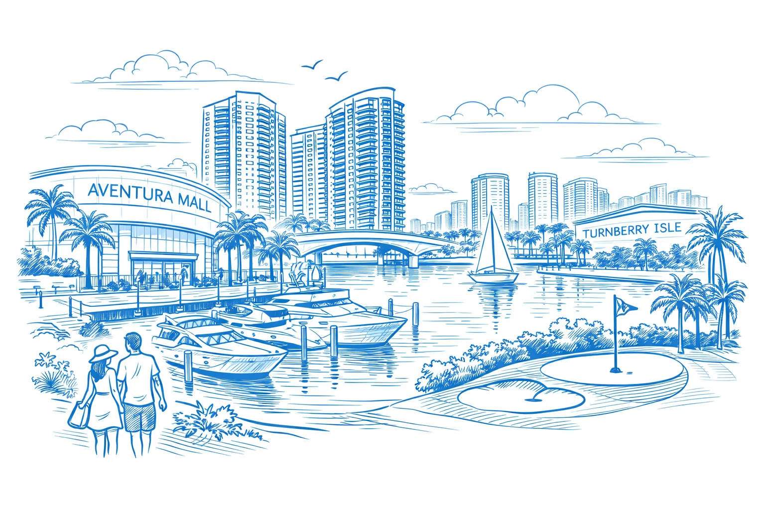 Aventura, Florida skyline in blue line art with palm trees and modern condo towers.