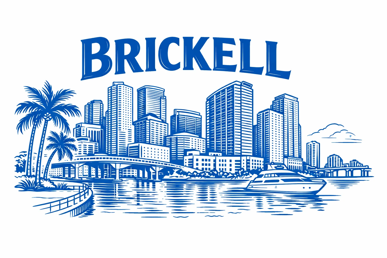 Brickell skyline line-art illustration in blue, Miami, Florida