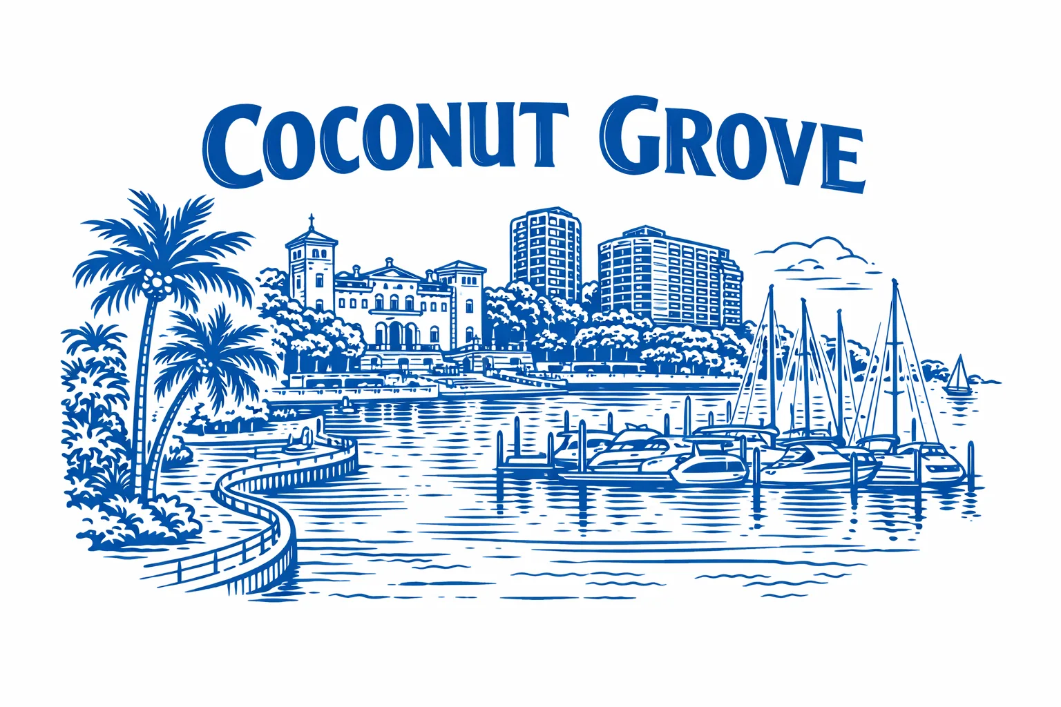 Blue line-art illustration of Coconut Grove, Miami with palm trees and village streetscape.