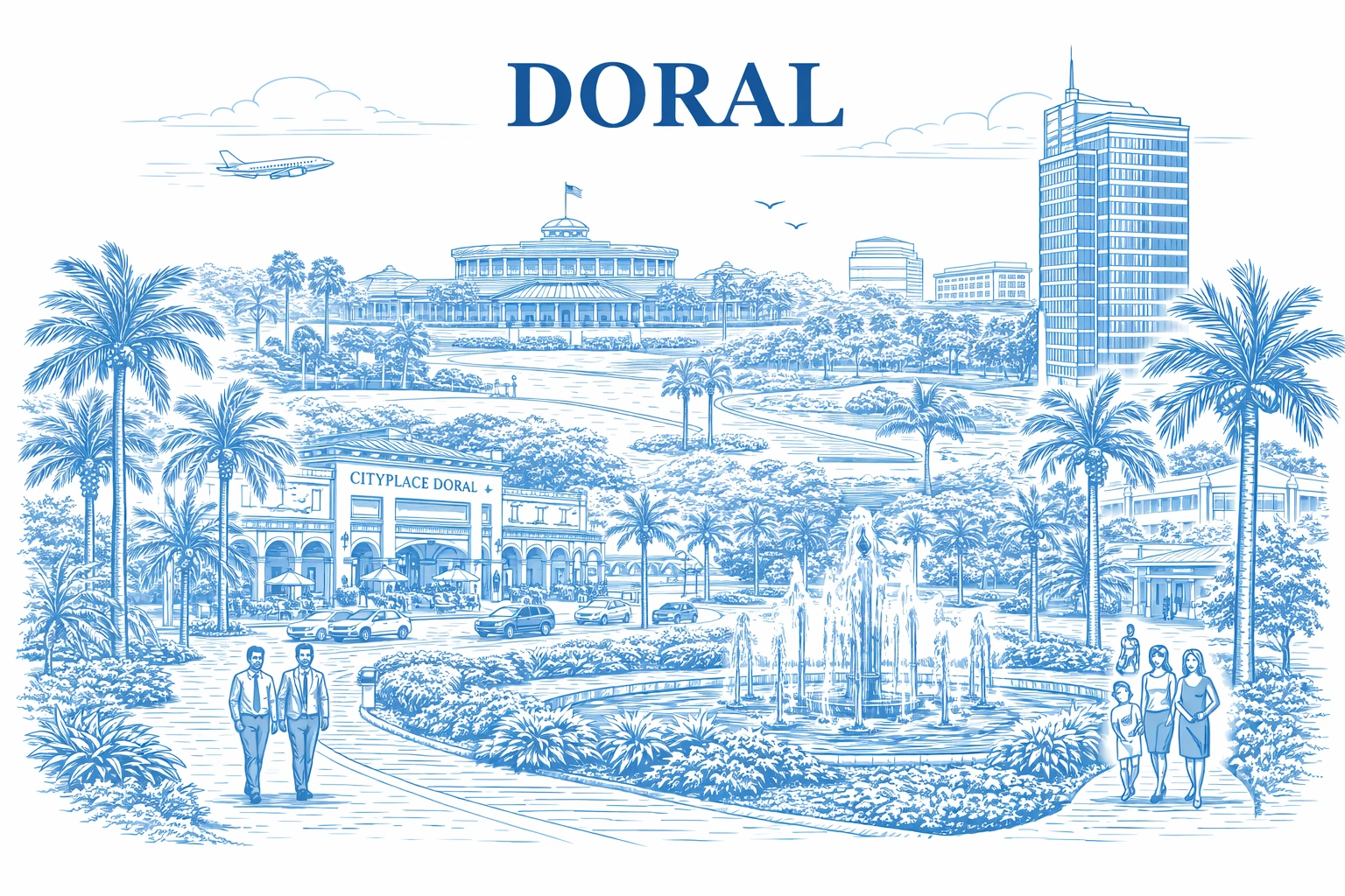 Doral, Florida skyline and waterfront line-art illustration