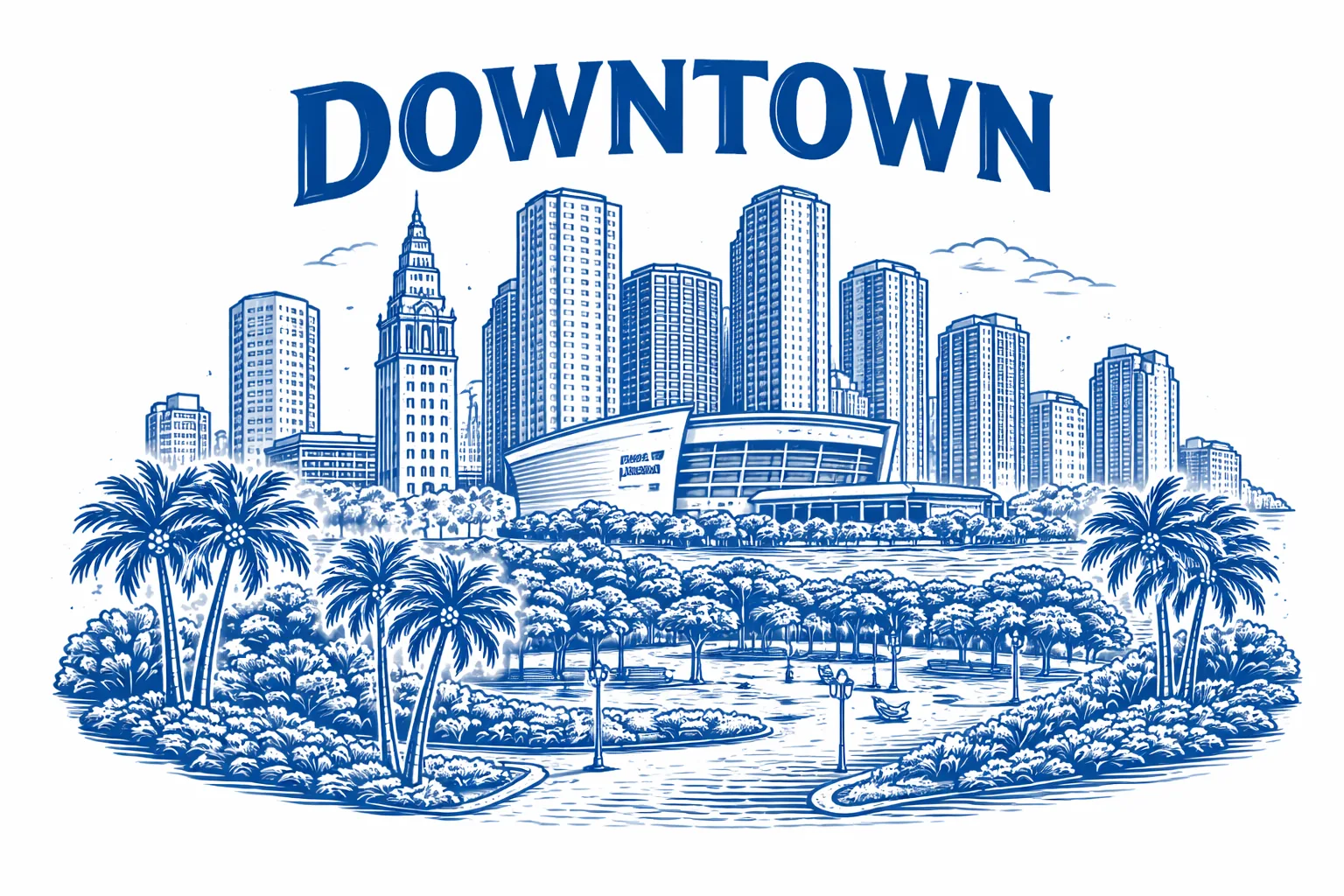 Downtown Miami skyline line-art illustration (blue on white), with “DOWNTOWN” title.