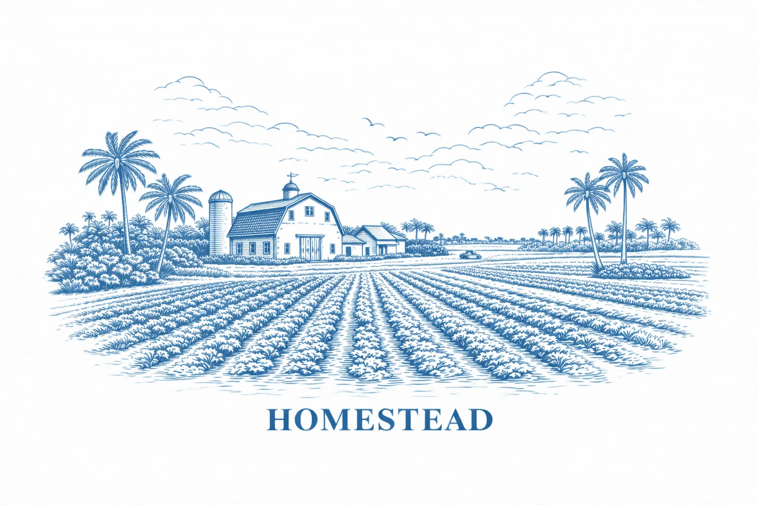 Homestead, Florida farmland line-art illustration in blue with ‘HOMESTEAD’ text
