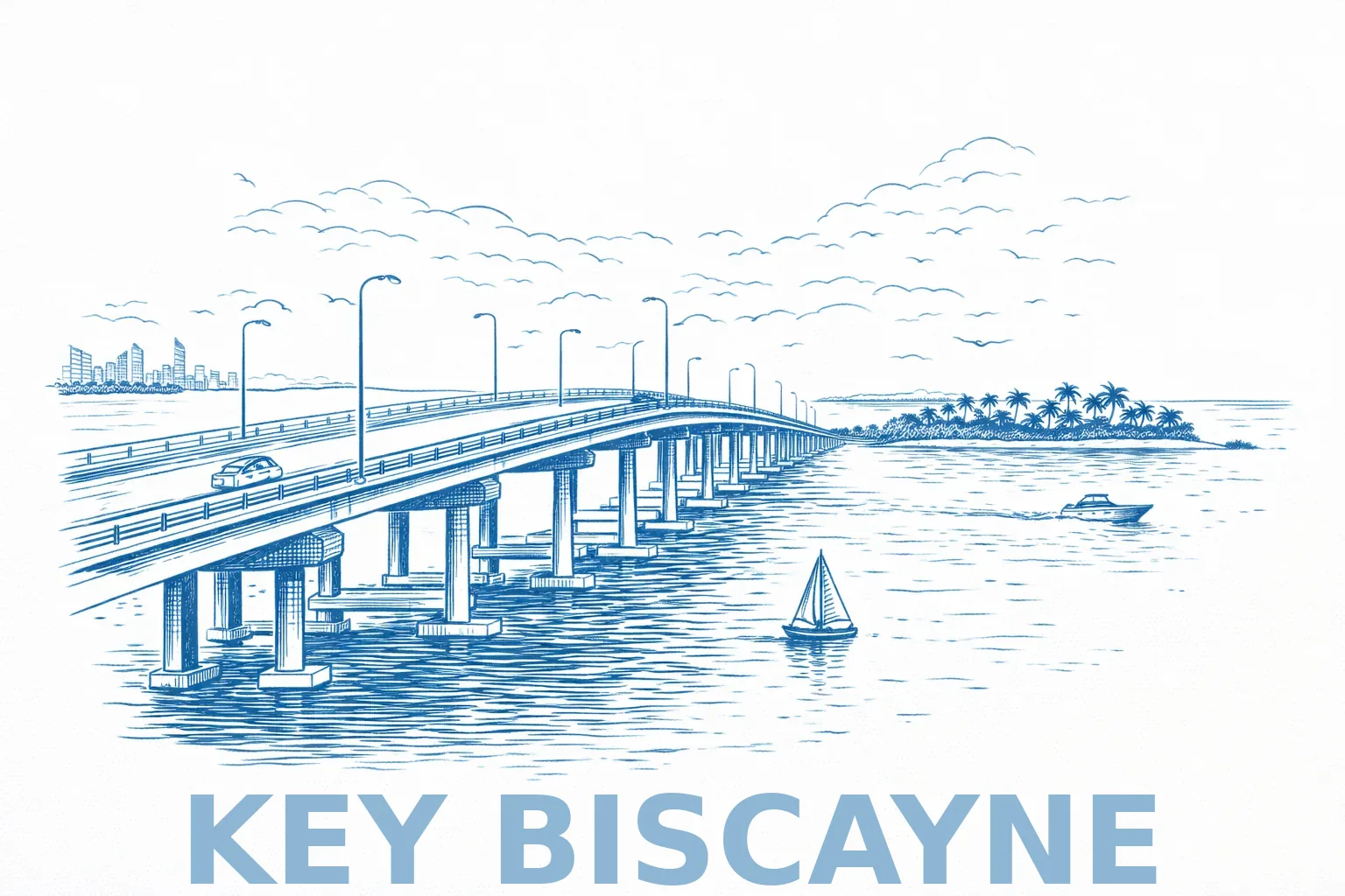 Key Biscayne bridge line-art illustration in blue with palm trees.