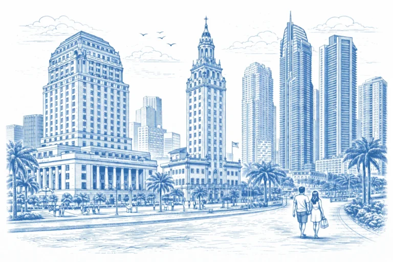Blue line illustration of the Brickell Miami skyline with high-rise buildings, palm trees, a boat on the Miami River, and the Metromover.