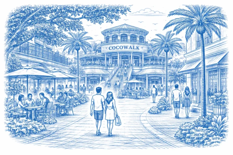 Blue line illustration of CocoWalk in Coconut Grove, Miami, with palm trees, outdoor dining, pedestrians, and tropical landscaping.