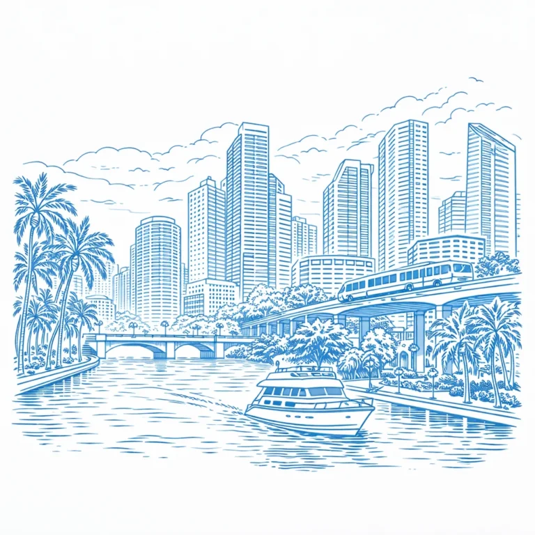 Blue line illustration of Downtown Miami with historic buildings, modern high-rise towers, palm trees, and pedestrians walking along the waterfront.