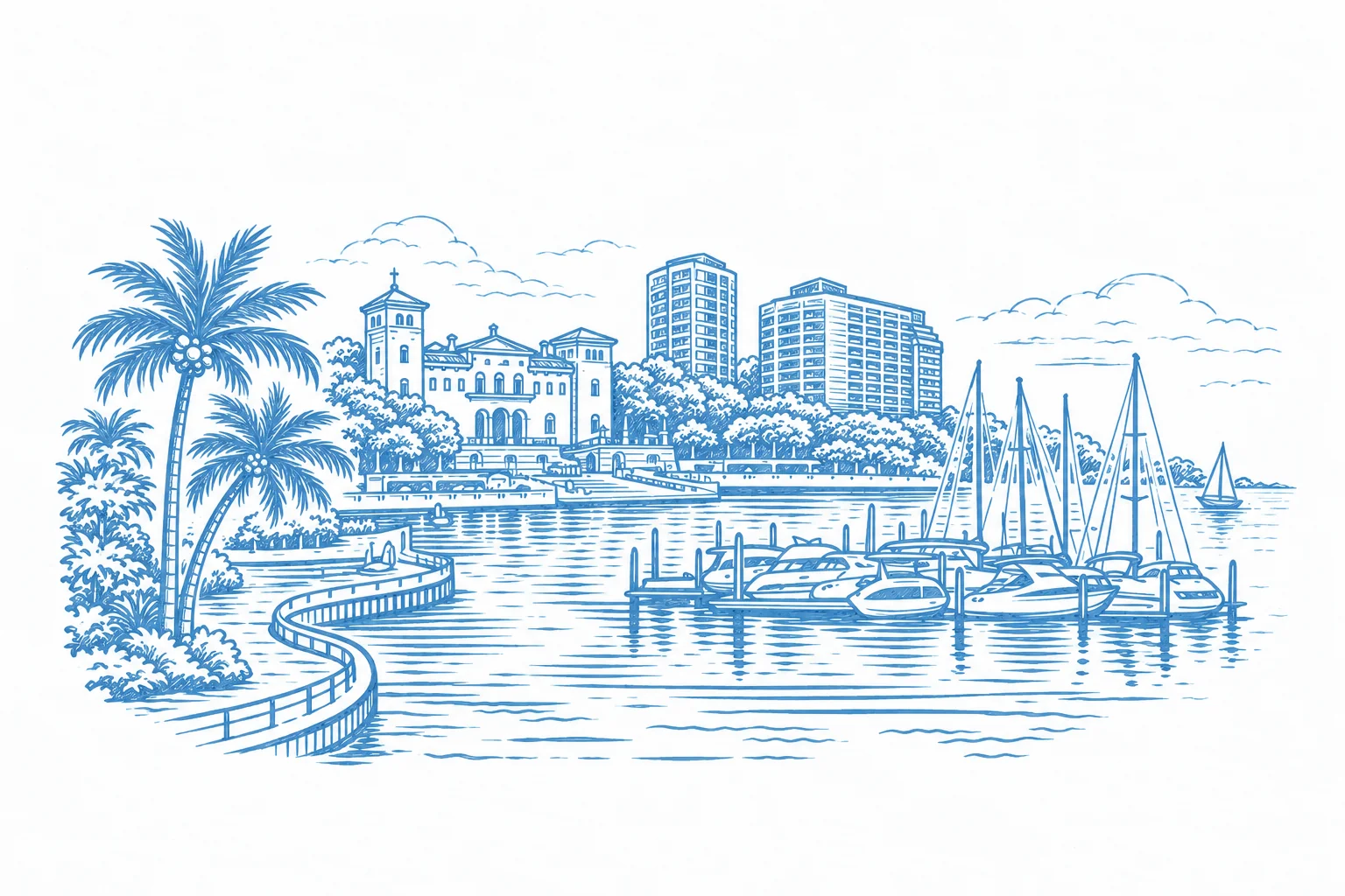 Light blue illustration of Coconut Grove waterfront and sailboats