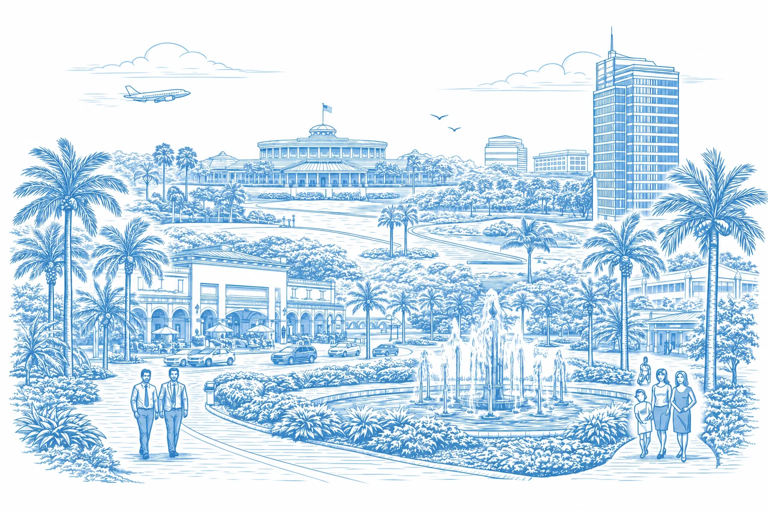 Light blue illustration of Doral parks, shops and skyline
