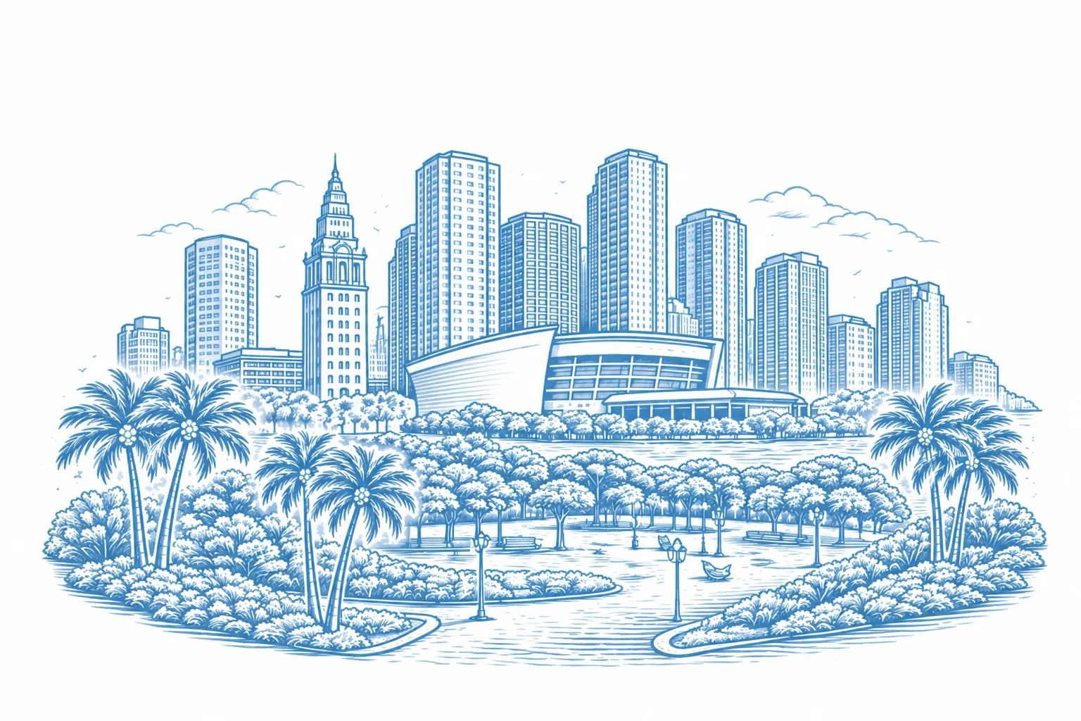 Light blue illustration of Downtown Miami skyline and waterfront park