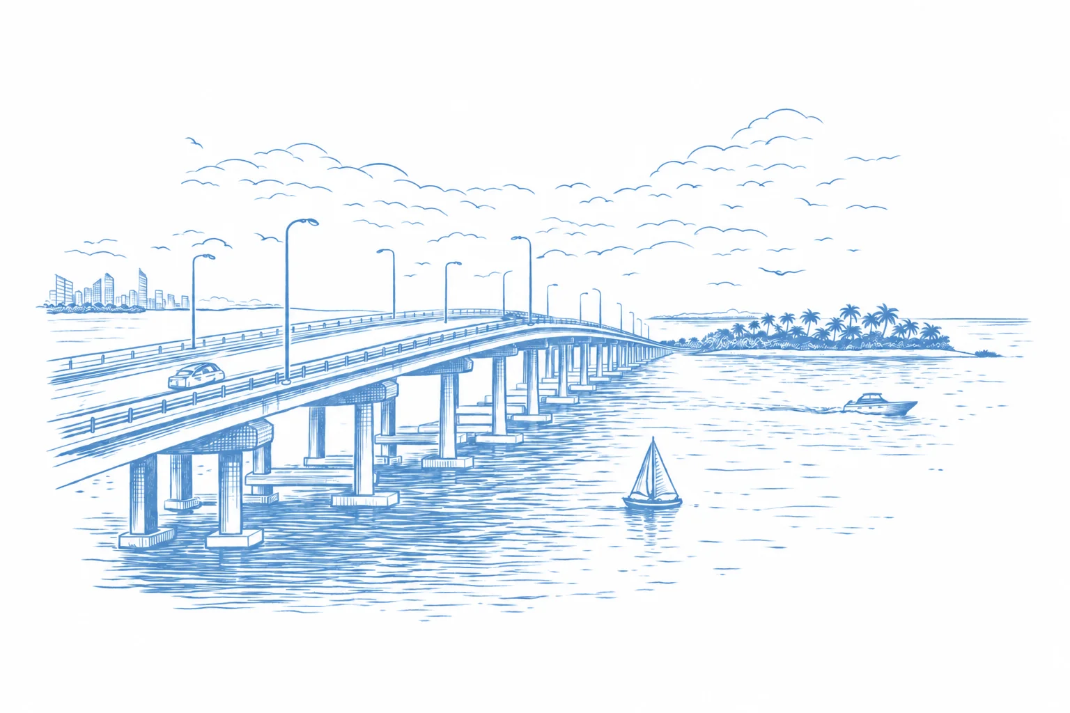 Light blue illustration of the bridge to Key Biscayne across Biscayne Bay
