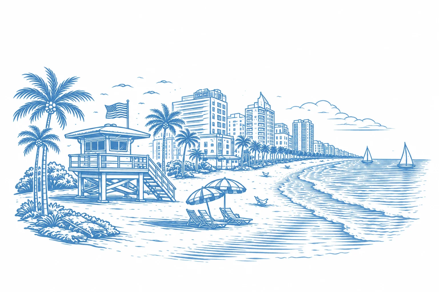 Light blue illustration of the Miami Beach shoreline and Art Deco buildings