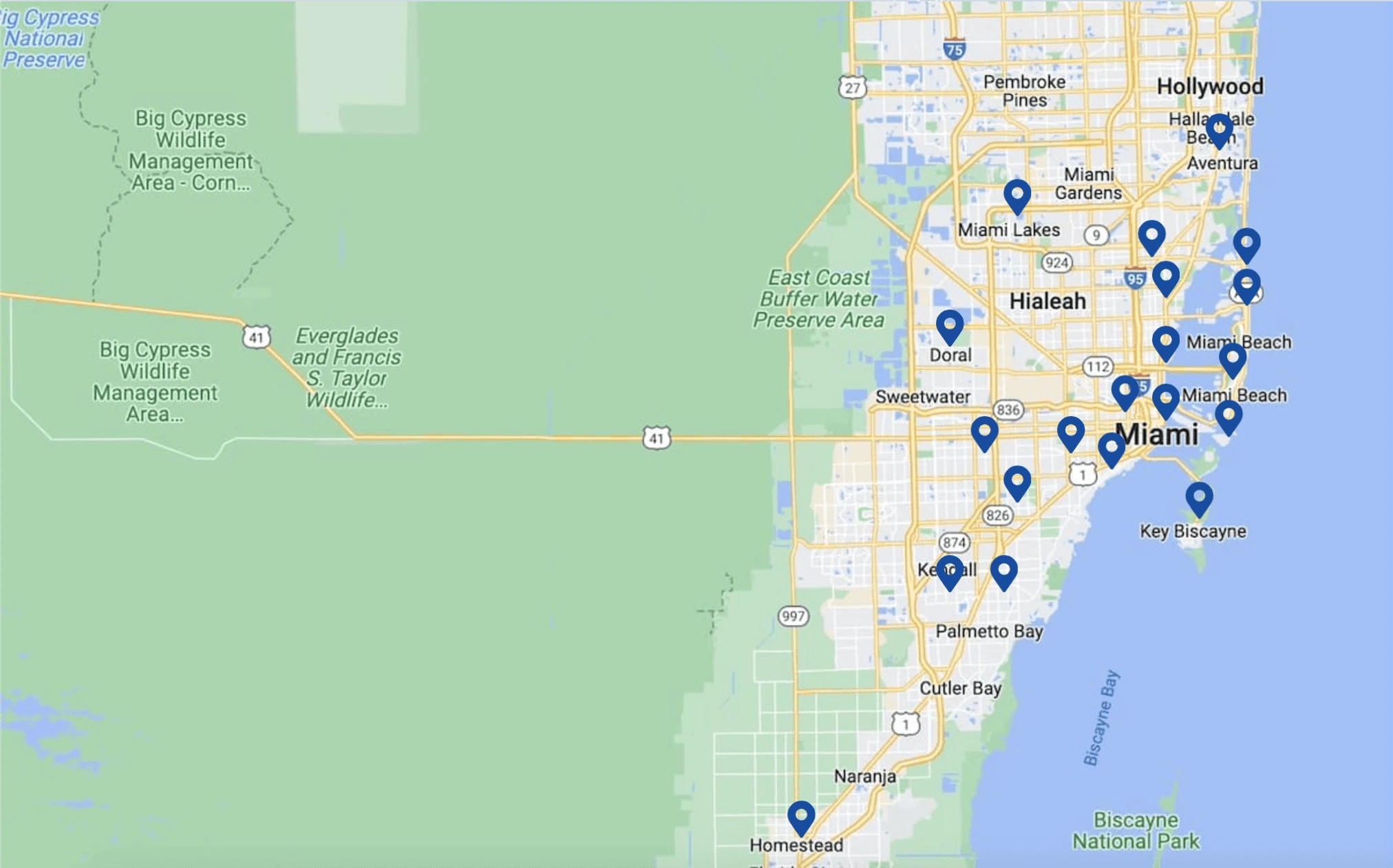 Novel Management service-area map showing Miami and surrounding communities from Aventura to Homestead